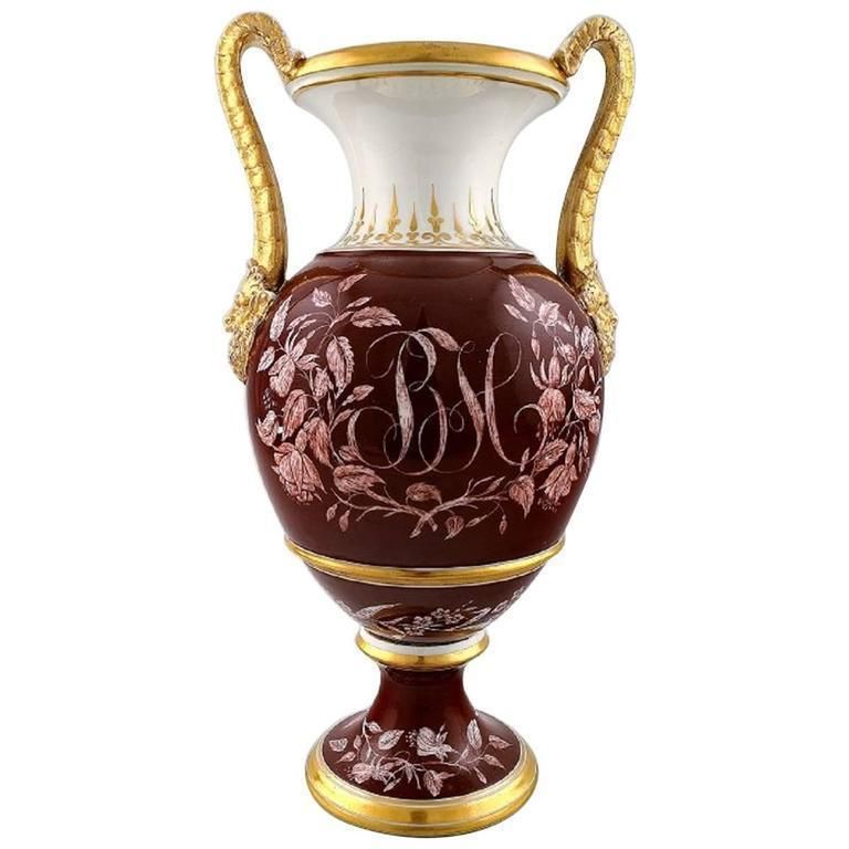 Large Antique B&G Bing & Grondahl Vase In Purple With Handles In Gold