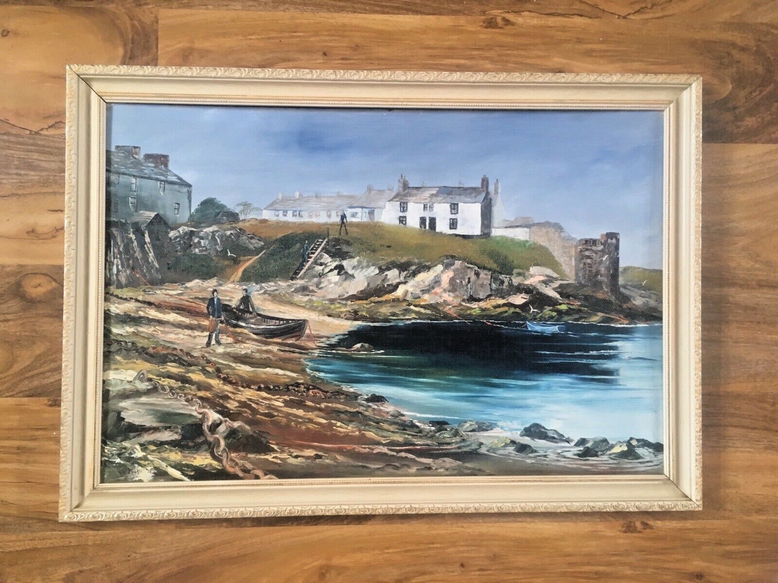 Original Jill Mickle Framed Oil Painting Newry Beach Holyhead Anglesey Port Boat photo furniture