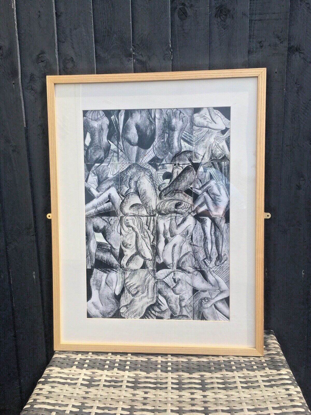 Large Black & White Human Body Nude Framed Collage Acrylic Painting Cubism photo furniture