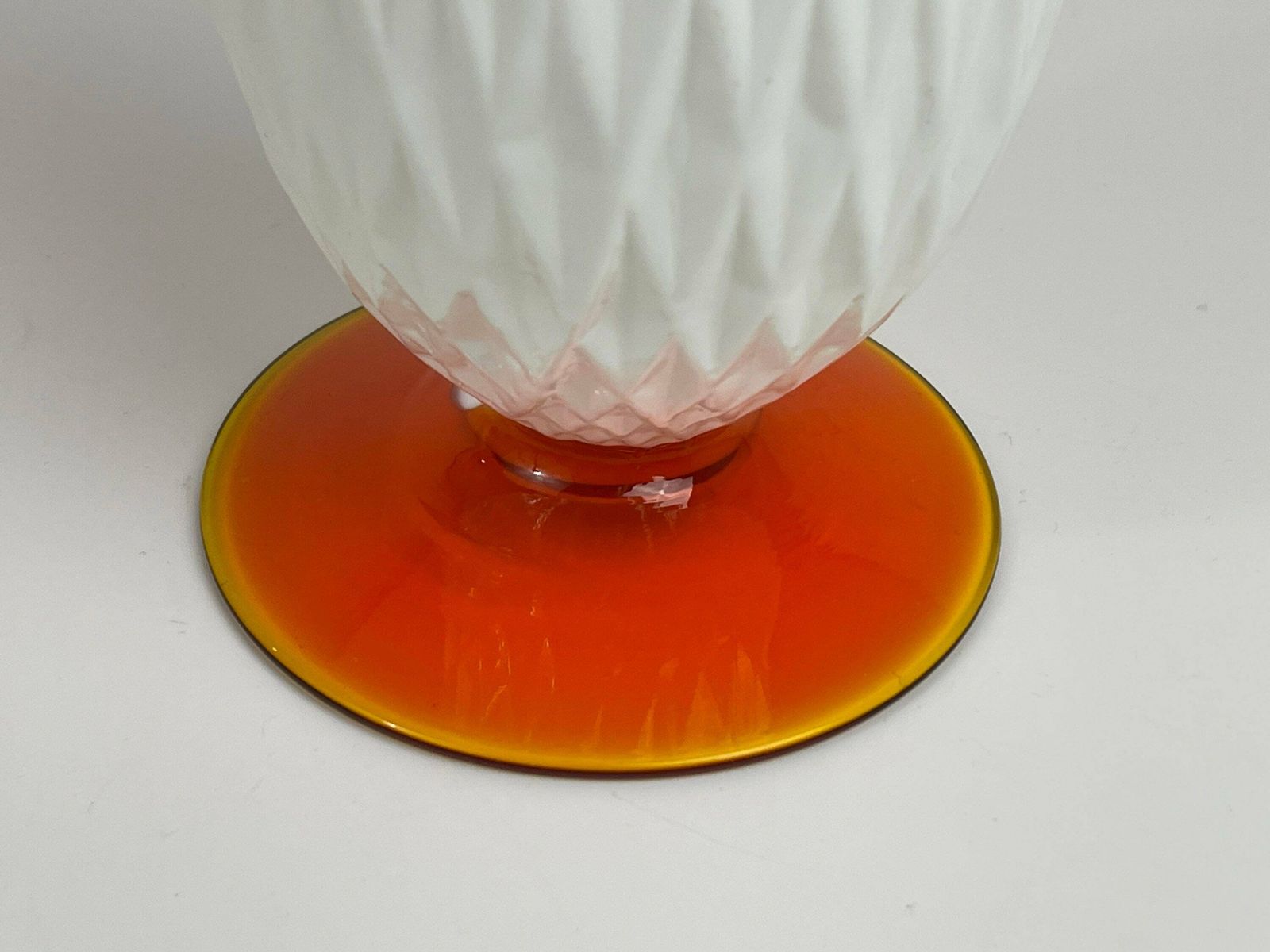 Opaline "Milky" Glass Vase In Japanese Style With Diamond Pattern. Footed On Orange Glass Base. photo 147.0