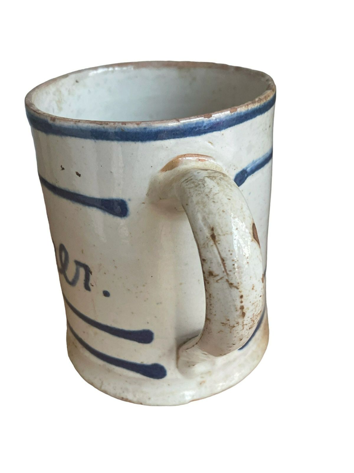 Antique Earthenware Mug With Handle, Denmark. White Coating With Blue Paint And Clear Glaze. Late 1800s. Cottage Core / Farm House Style photo for sale