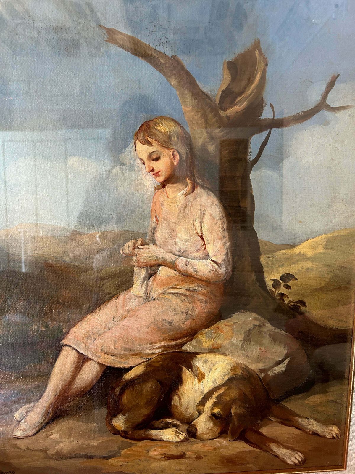 "A Girl And Her Dog" Italian Early 20th Century Oil On Canvas photo for sale