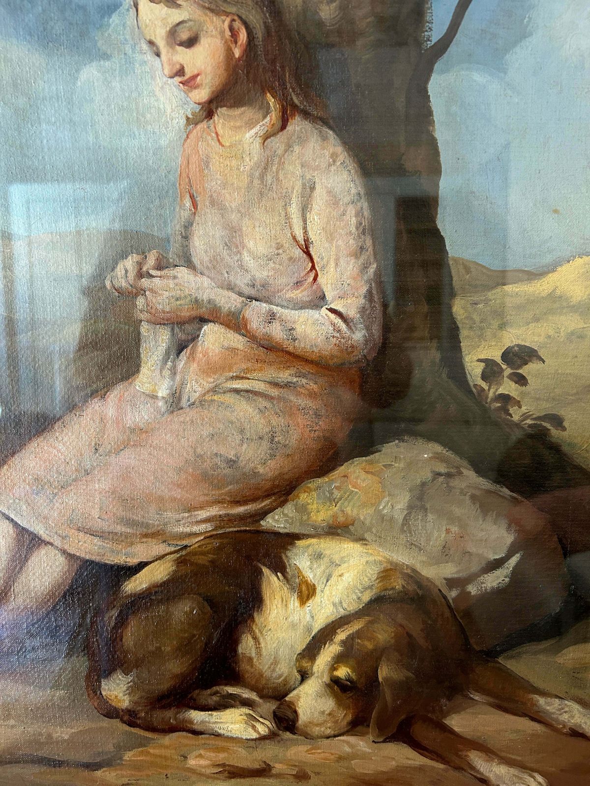 "A Girl And Her Dog" Italian Early 20th Century Oil On Canvas photo 500.0