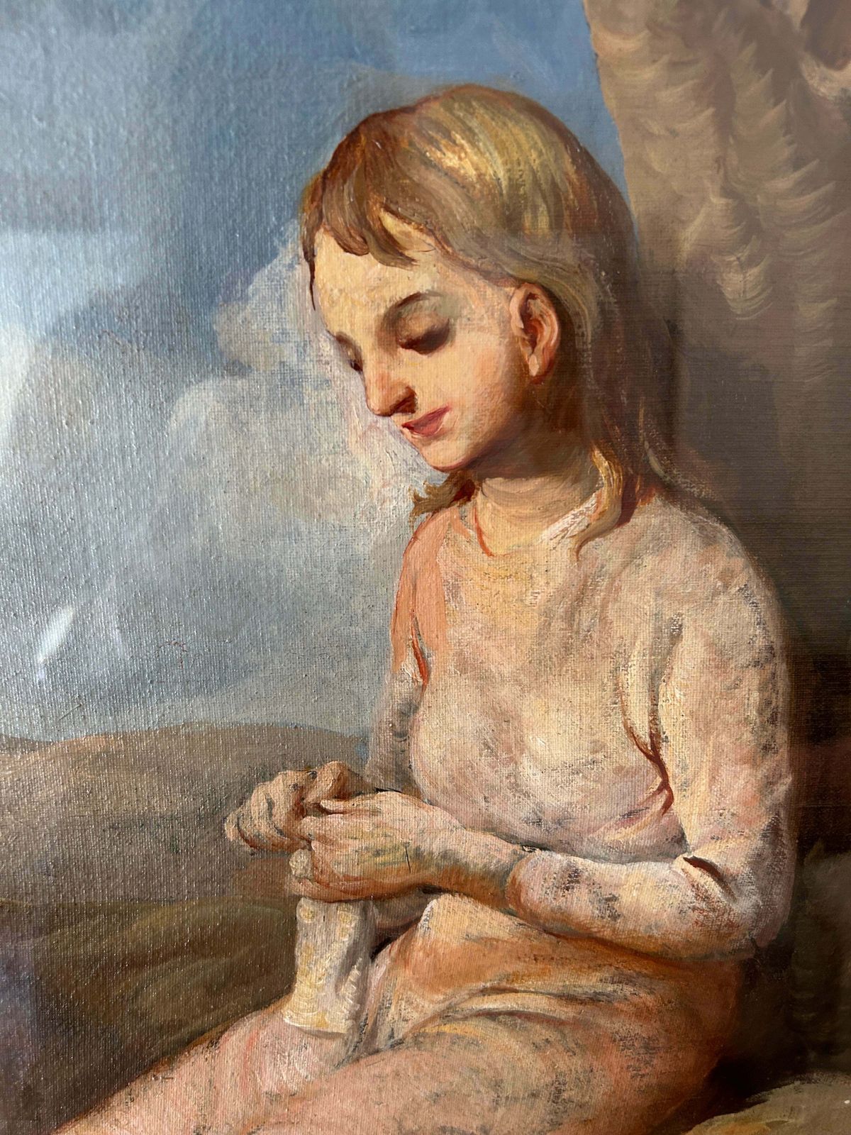 "A Girl And Her Dog" Italian Early 20th Century Oil On Canvas photo buy