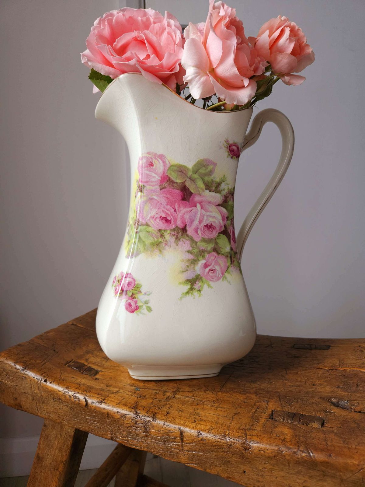 Spectacular, Large, Art Deco, Antique Wash Jug Vase With Pink Rose Decoration