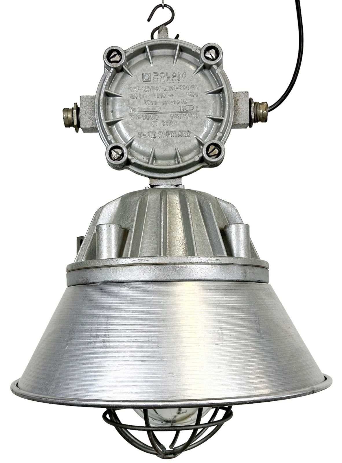 Large Industrial Cast Aluminium Cage Pendant Light From Polam Wilkasy, 1970s, 2x