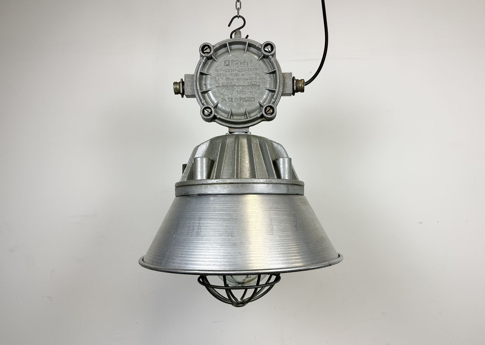 Large Industrial Cast Aluminium Cage Pendant Light From Polam Wilkasy, 1970s, 2x photo furniture