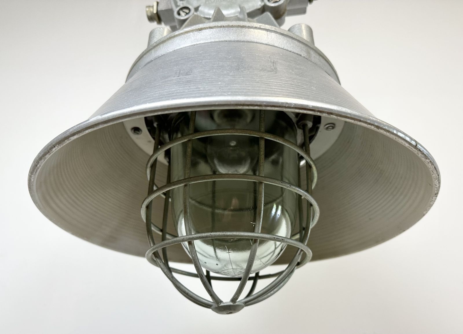 Large Industrial Cast Aluminium Cage Pendant Light From Polam Wilkasy, 1970s, 2x photo vintage