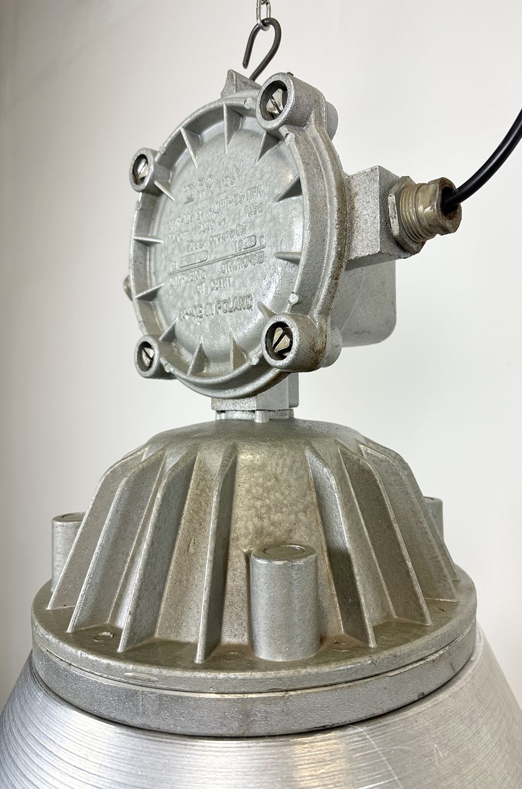 photo for sale Large Industrial Cast Aluminium Cage Pendant Light From Polam Wilkasy, 1970s, 2x