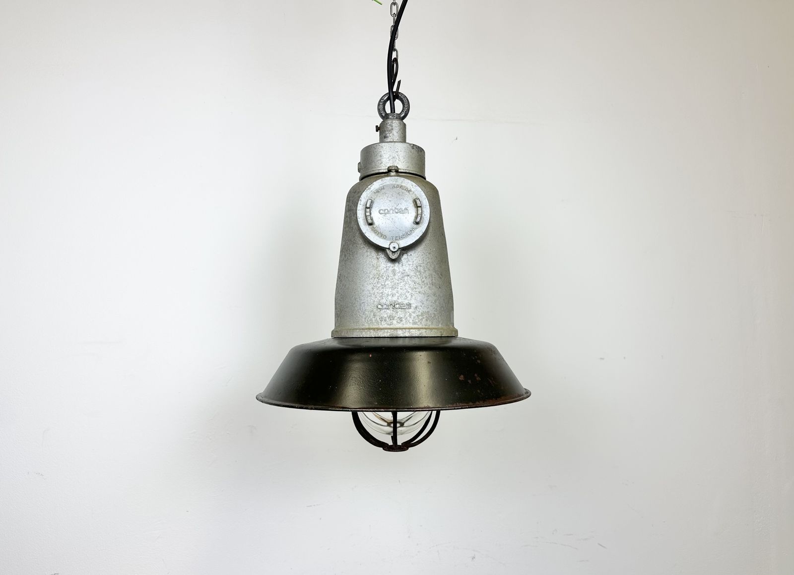 Italian Industrial Black Enamel Cage Pendant Light From Cortem Milano, 1960s photo Lighting