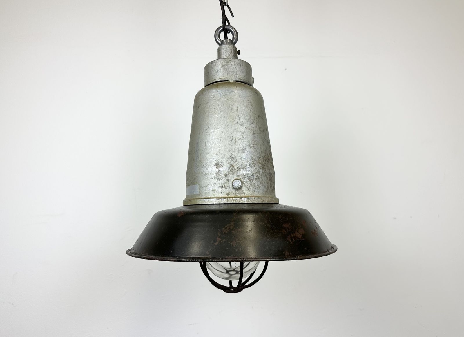 photo for sale Italian Industrial Black Enamel Cage Pendant Light From Cortem Milano, 1960s