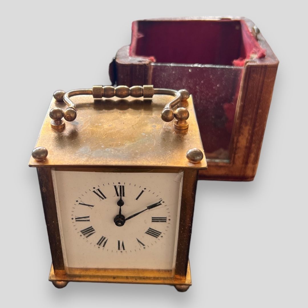 A Late C19th French Brass Carriage Clock, With Original Leather Travel Case