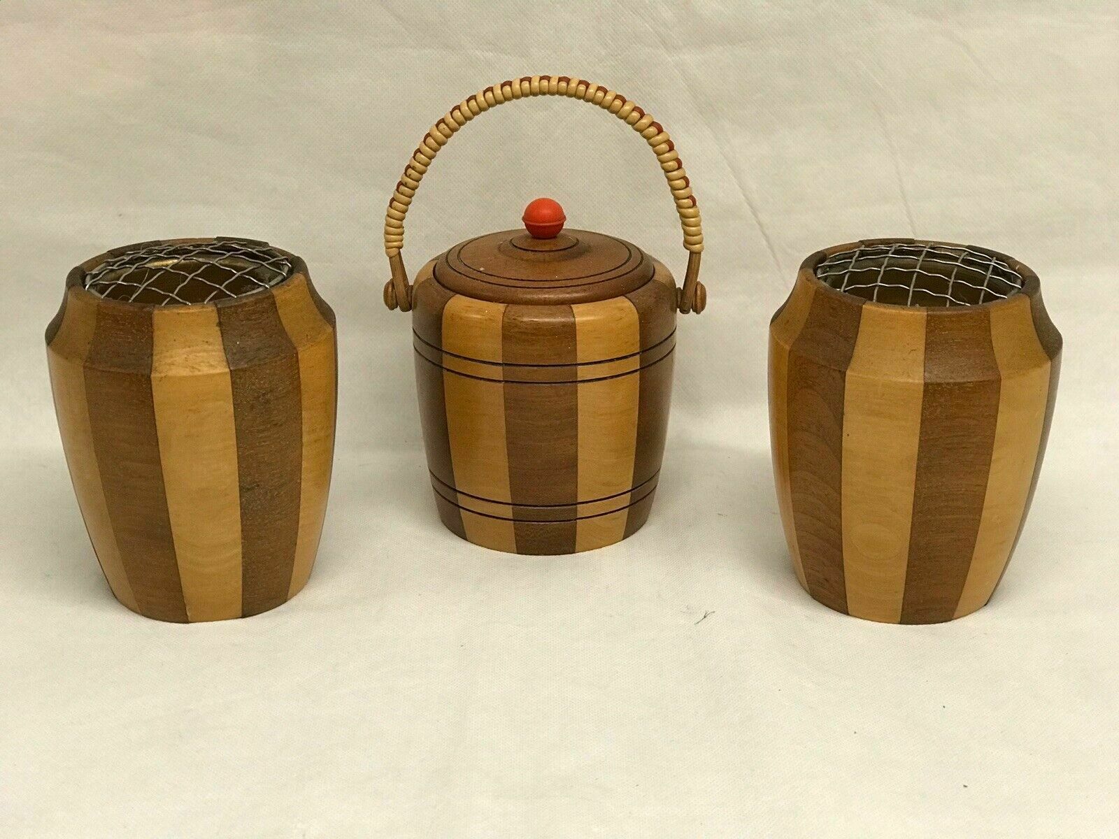 Mid Century Set Of Wooden Pots. Biscuit Barrel & 2 Posy Holders. photo 95.0