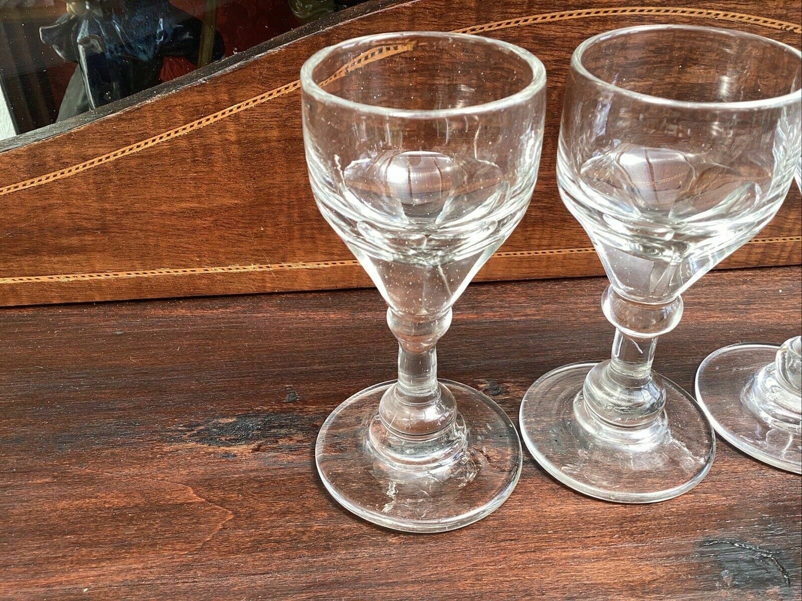 220.0 3 Georgian Deceptive Toasting Dram Glasses. Knopped Stems. Funnelled Bowls photo