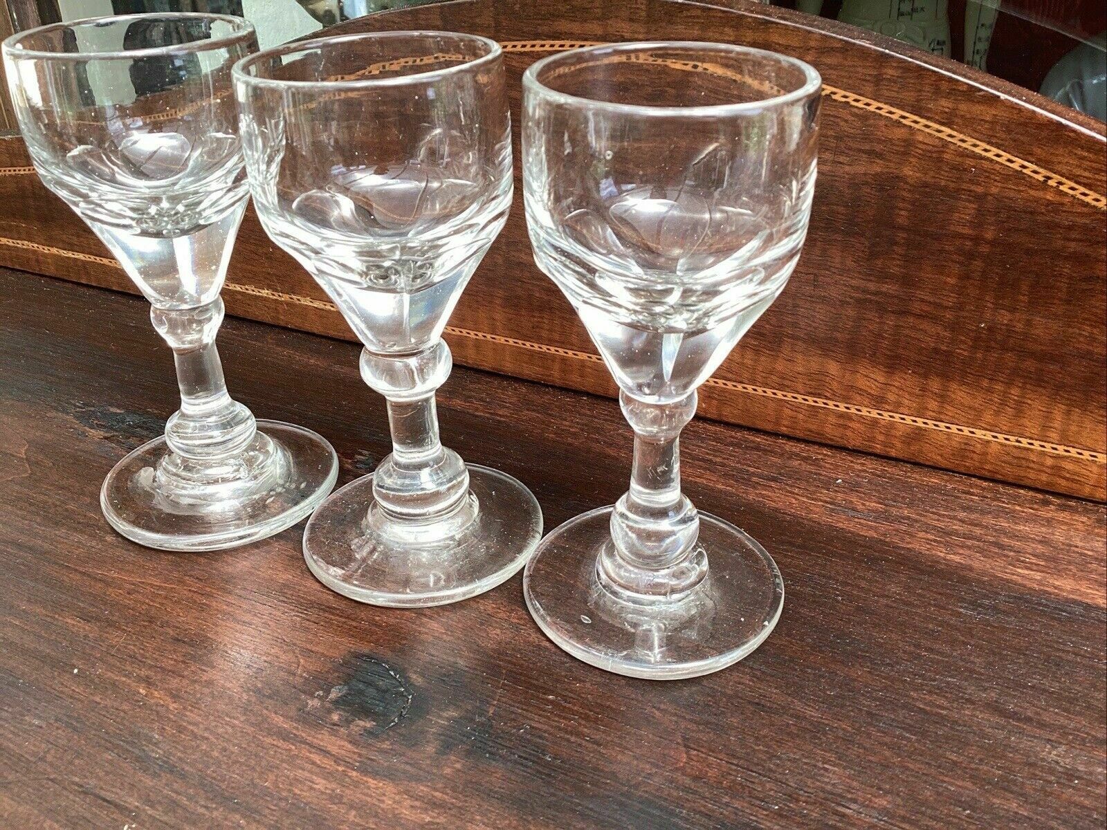 photo vinterior 3 Georgian Deceptive Toasting Dram Glasses. Knopped Stems. Funnelled Bowls