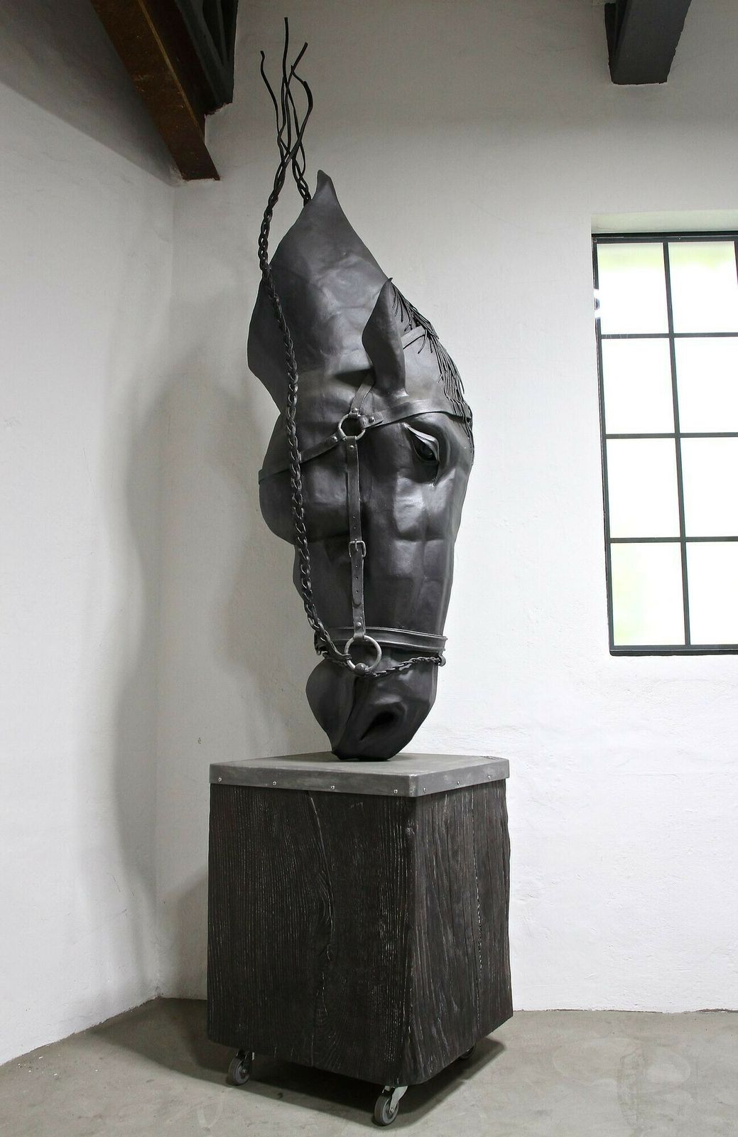 Metal Horse Head Sculpture By G. Fössl, Handforged On Charred Oak Base, 2017 photo furniture