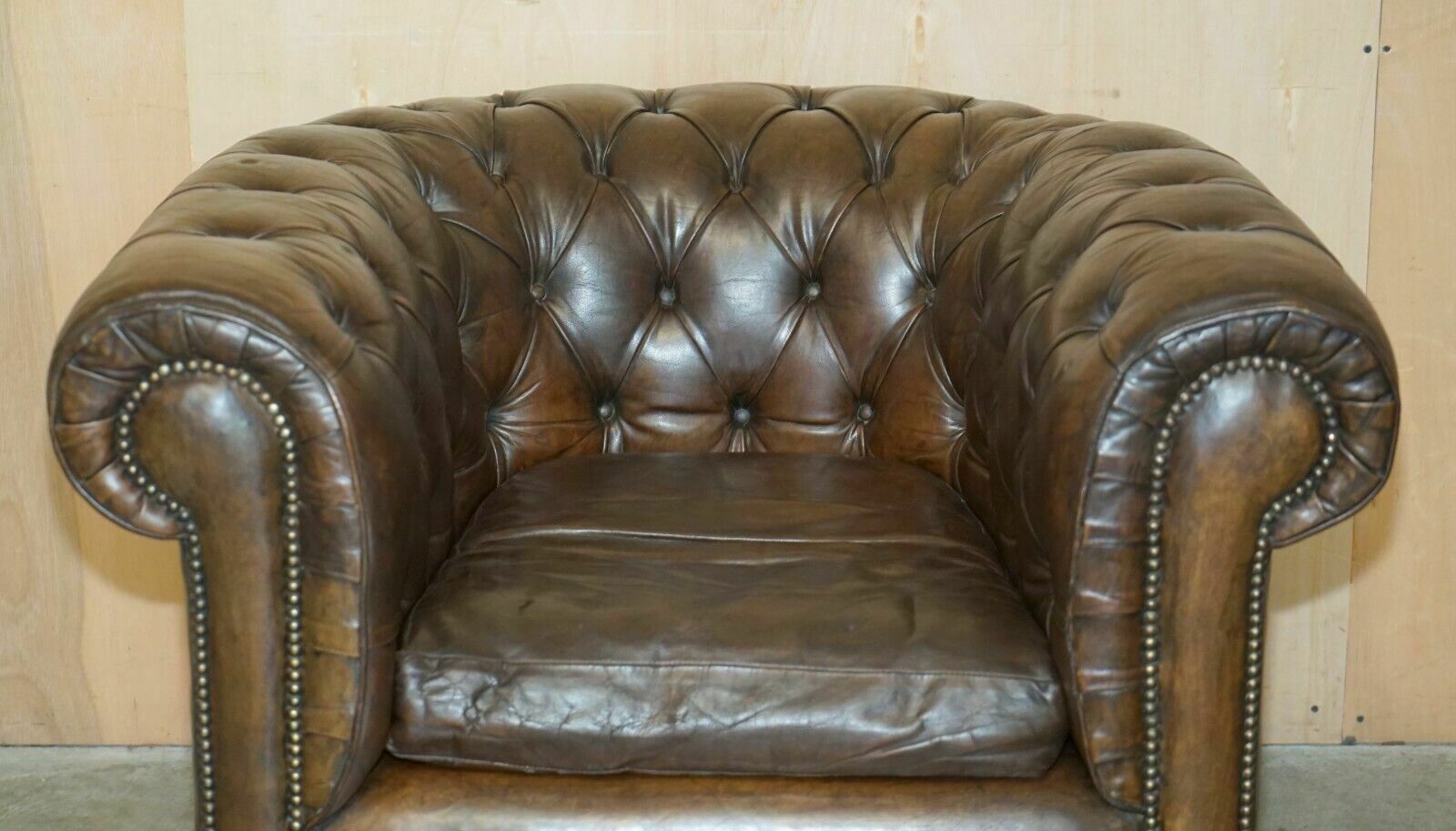 Vintage Circa 1950's Hand Dyed Brown Leather Chesterfield Club Armchair Walnut photo for sale