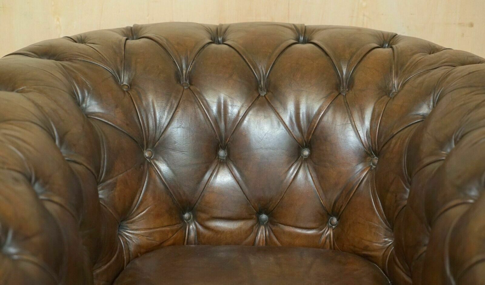 Vintage Circa 1950's Hand Dyed Brown Leather Chesterfield Club Armchair Walnut photo Furniture