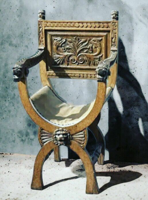 Antique Carved Oak Chair, With Carved Lion Heads Decoration