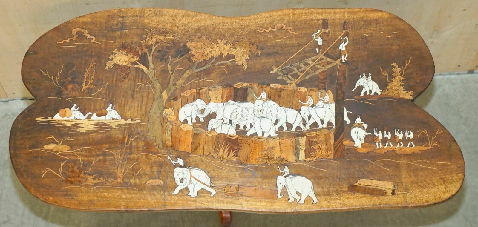 photo for sale Large Antique Japanese Shibayama Inlaid Elephant Trainers Rosewood Coffee Table