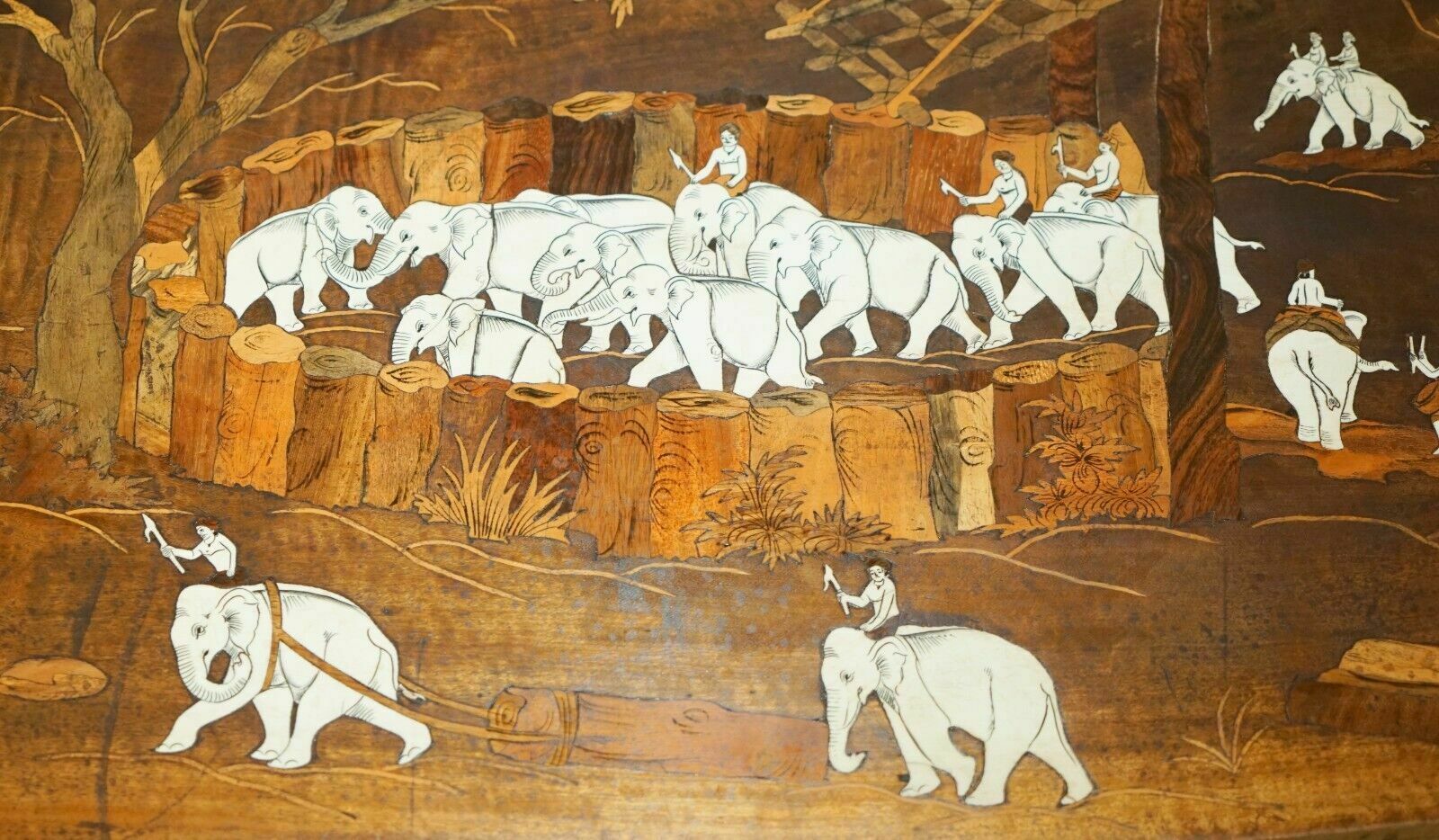 photo vinterior Large Antique Japanese Shibayama Inlaid Elephant Trainers Rosewood Coffee Table