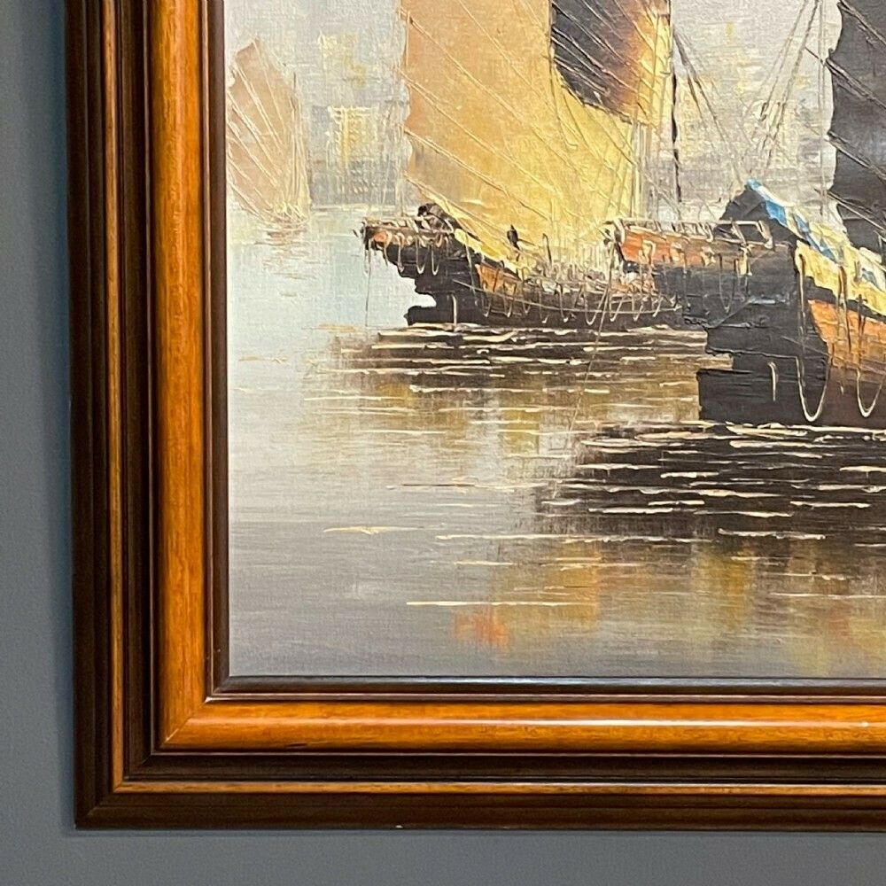 Large Framed Oil Painting Of A Hong Kong Harbour Scene With Junk Boats On Canvas photo vinterior