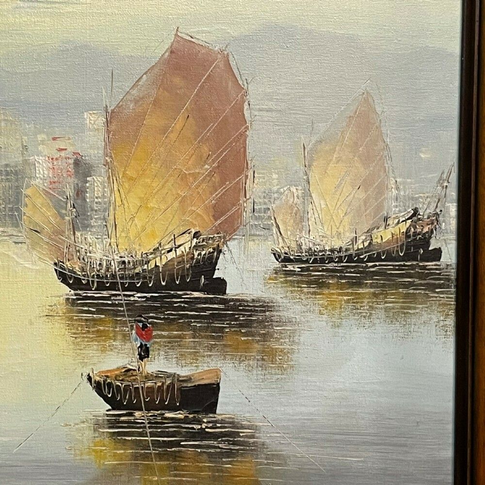 Large Framed Oil Painting Of A Hong Kong Harbour Scene With Junk Boats On Canvas photo buy