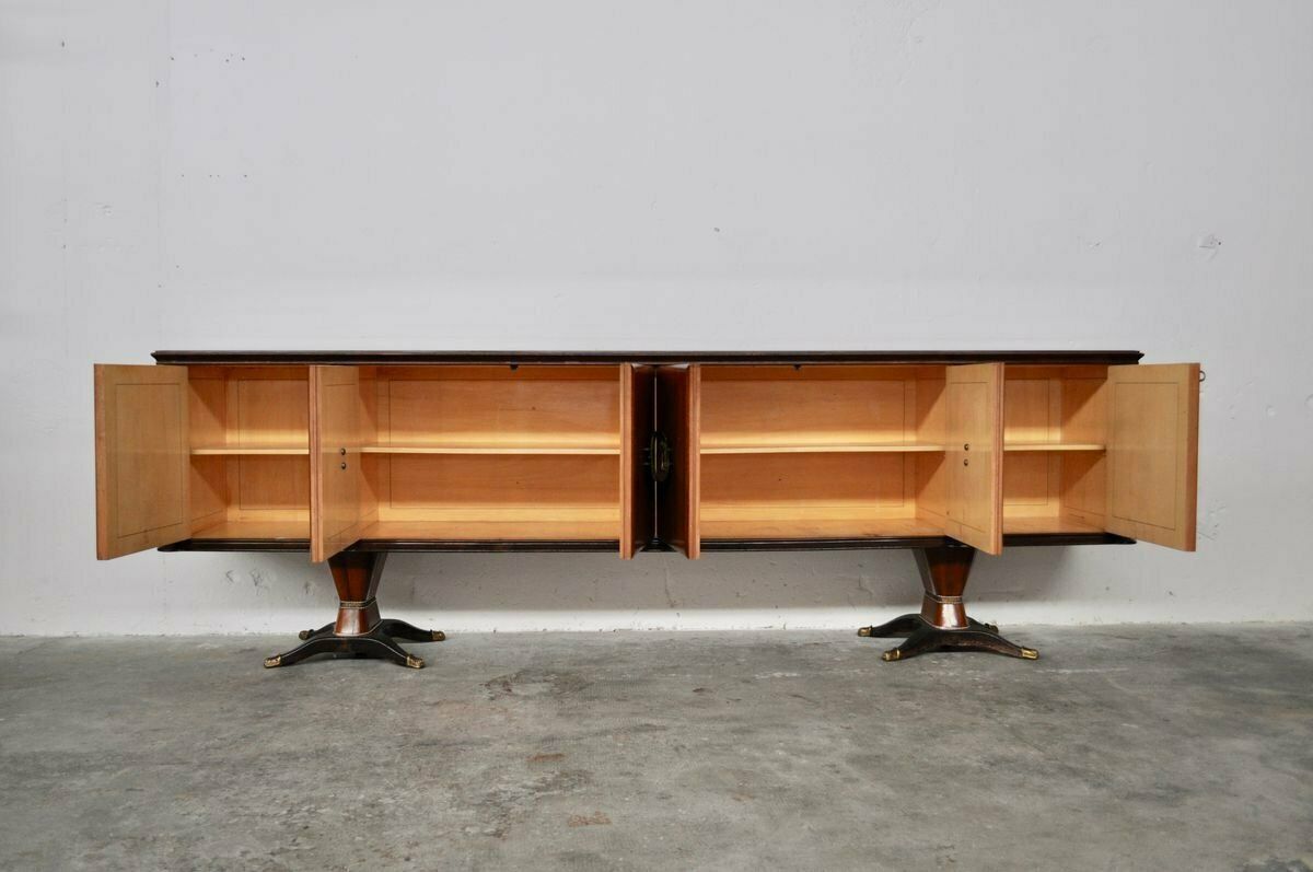 photo furniture Credenza Superiore In Mogano, Pera, Ottone E Vetro Marmorato Laccato Posteriore Con Specchio Di F.Lli Rigamonti Desio, Milano