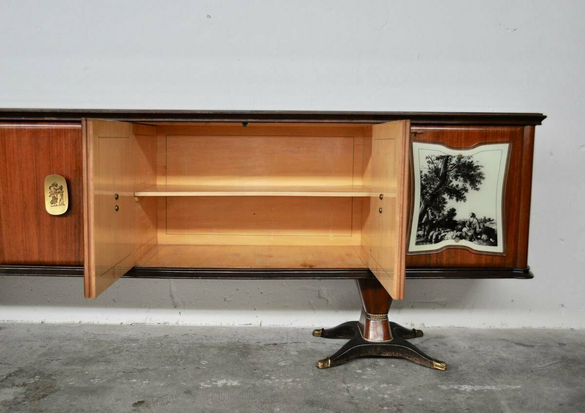 photo for sale Credenza Superiore In Mogano, Pera, Ottone E Vetro Marmorato Laccato Posteriore Con Specchio Di F.Lli Rigamonti Desio, Milano