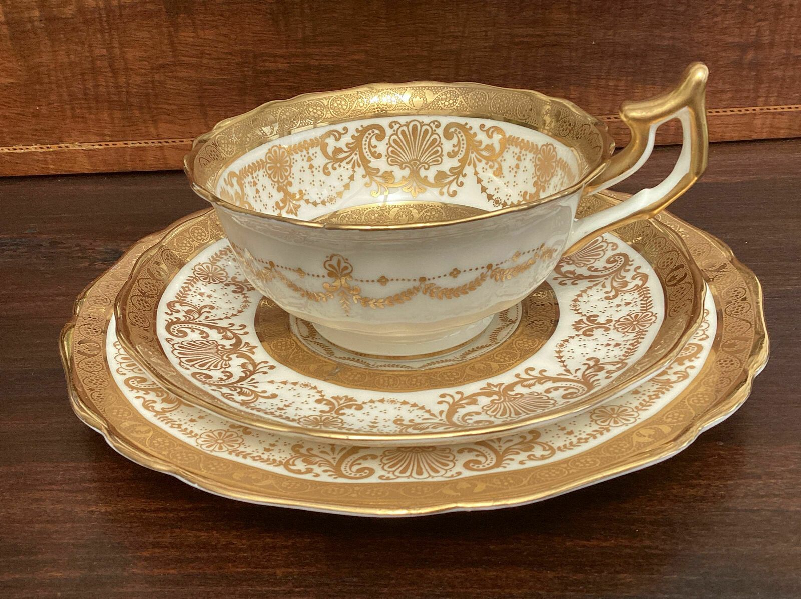 Beautiful And Rare Antique Cauldon Embossed Gilt Cabinet Tea Trio
