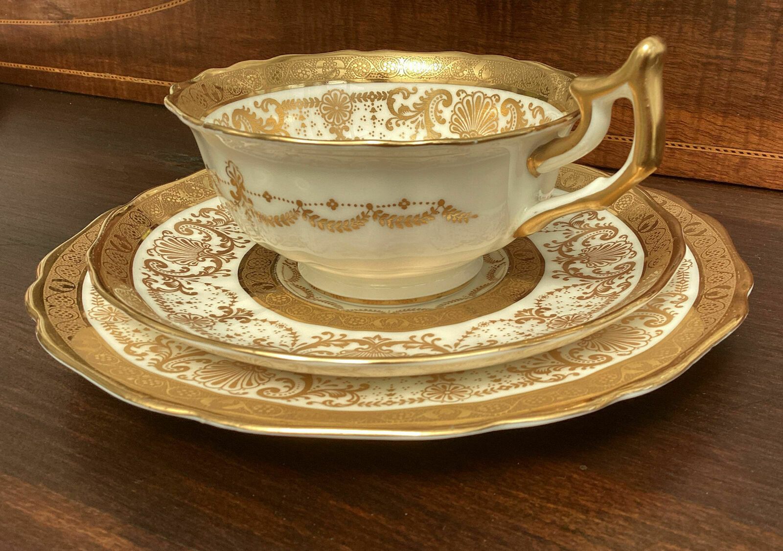 Beautiful And Rare Antique Cauldon Embossed Gilt Cabinet Tea Trio photo 75.0