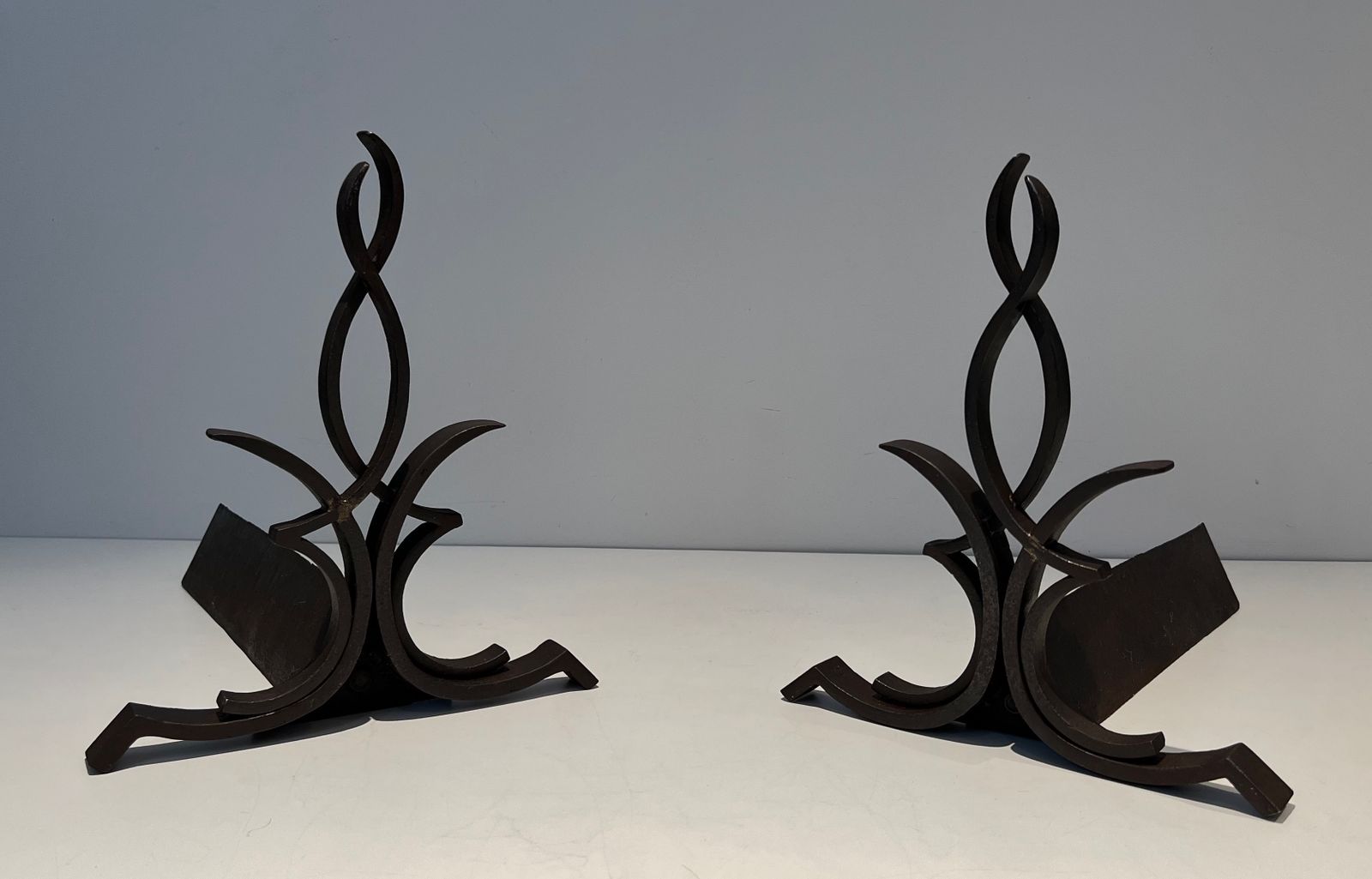 Pair Of Wrought Iron Andirons By Raymond Subes photo for sale