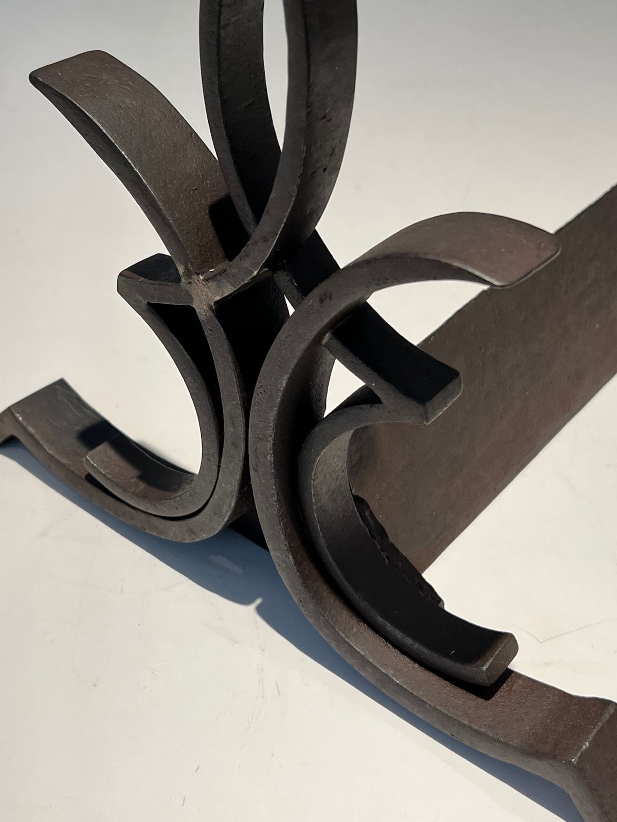 photo for sale Pair Of Wrought Iron Andirons By Raymond Subes