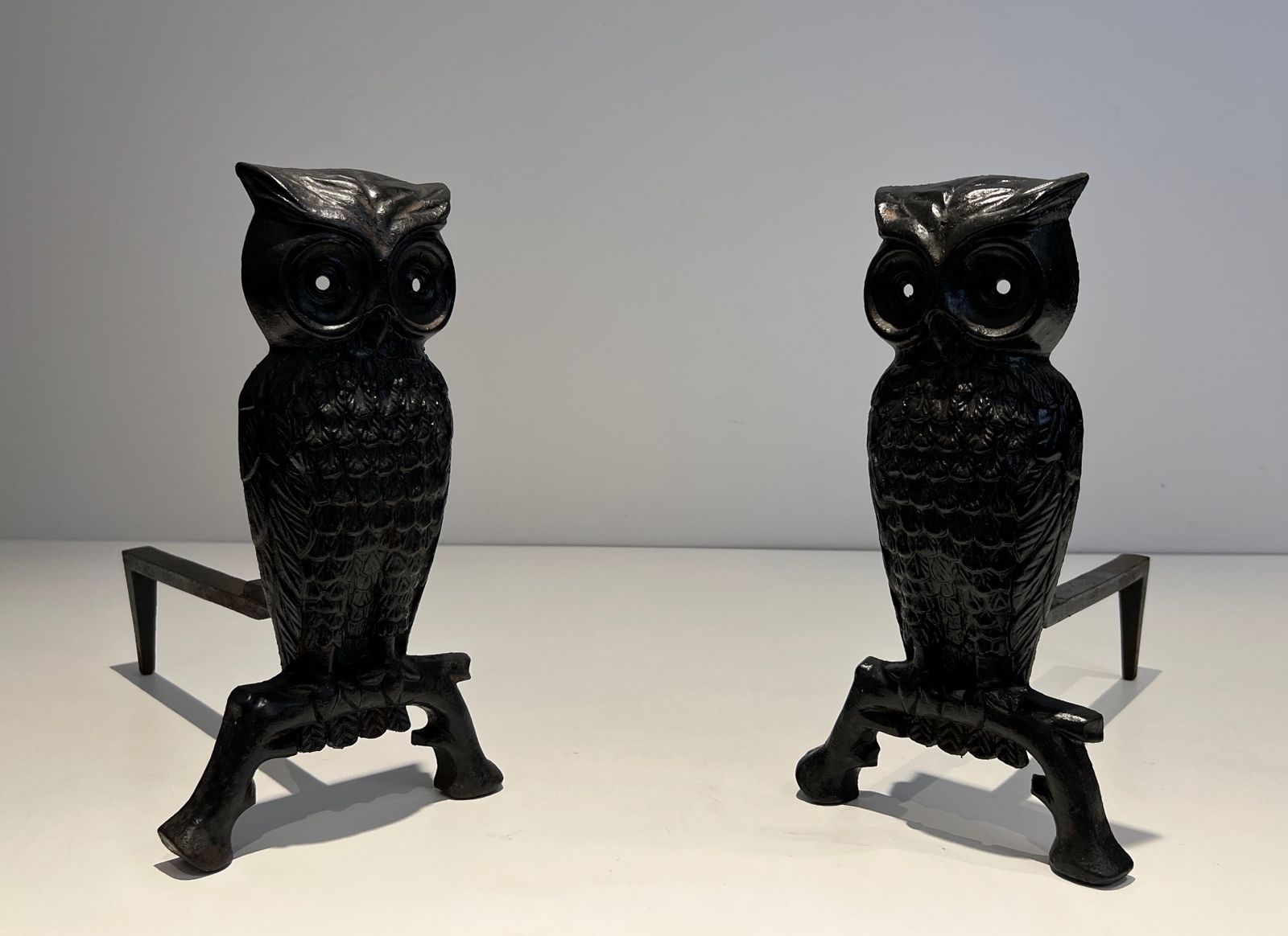 Pair Of Cast Iron And Wrought Iron Andirons Representing An Owl