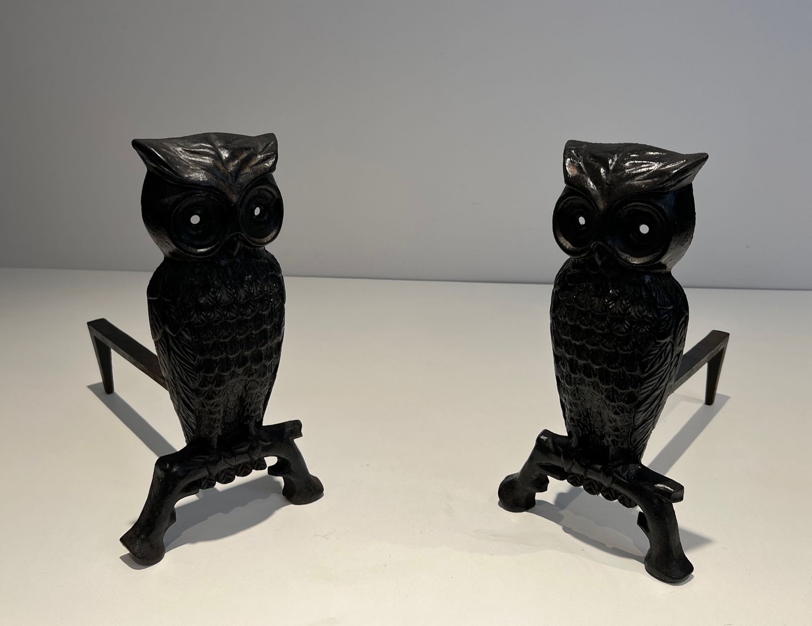 Pair Of Cast Iron And Wrought Iron Andirons Representing An Owl photo furniture