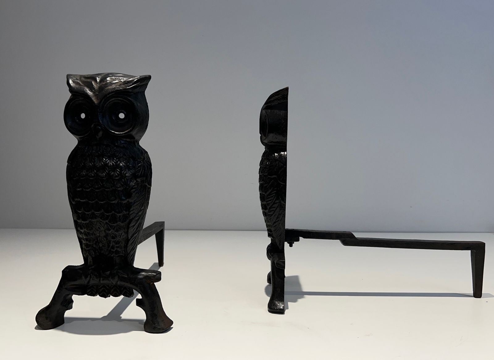 Pair Of Cast Iron And Wrought Iron Andirons Representing An Owl photo 980.0