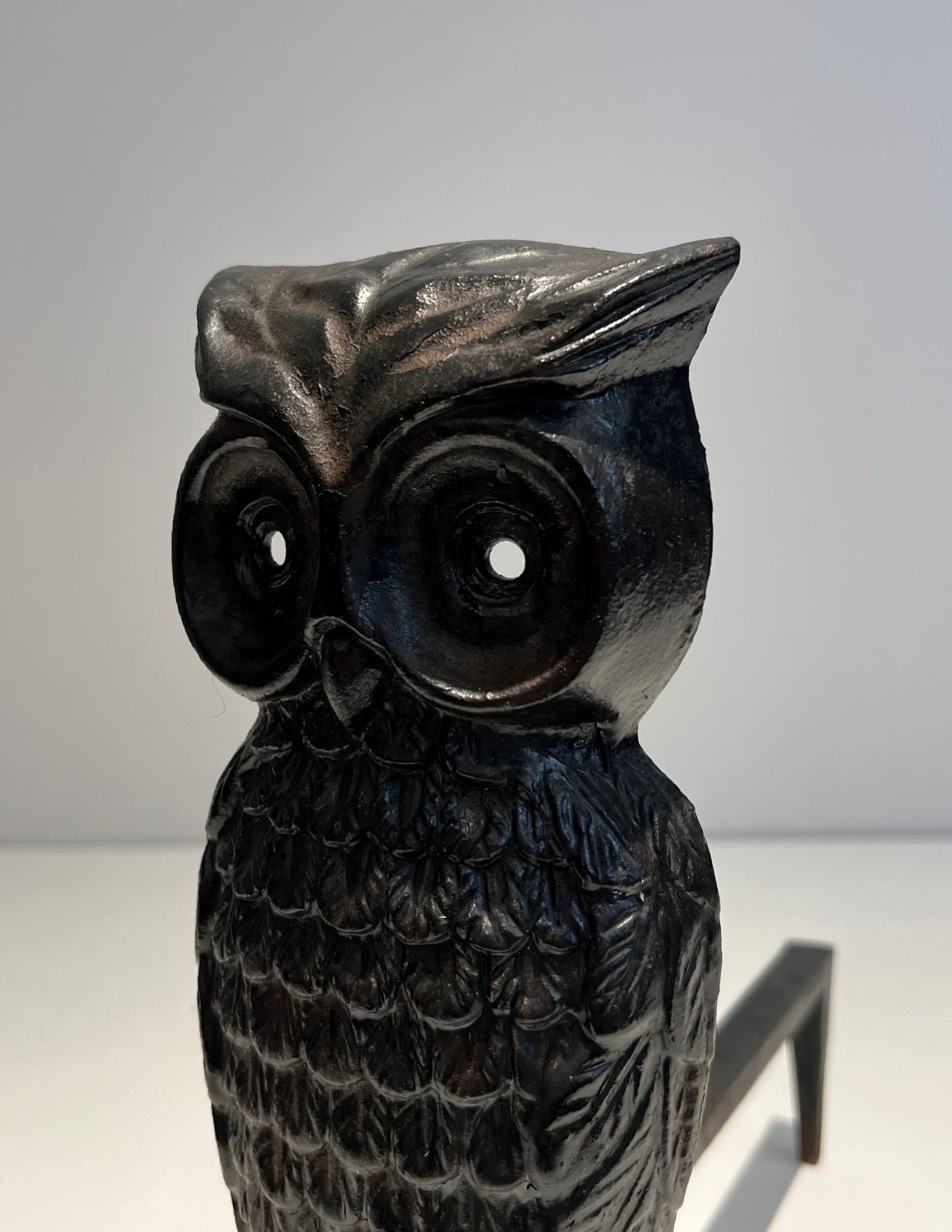 Pair Of Cast Iron And Wrought Iron Andirons Representing An Owl photo vintage