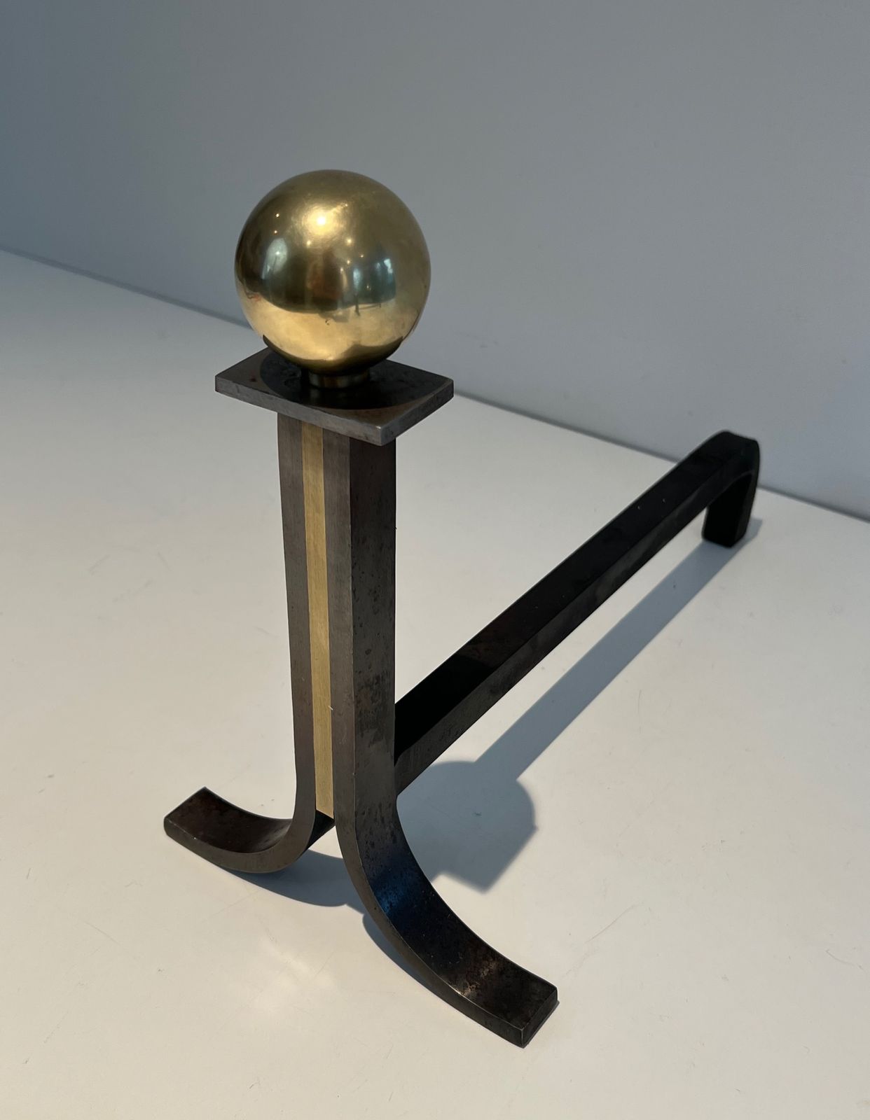 Pair Of Modernist Andirons In Steel, Brass And Wrought Iron In The Style Of Jacques Adnet photo buy
