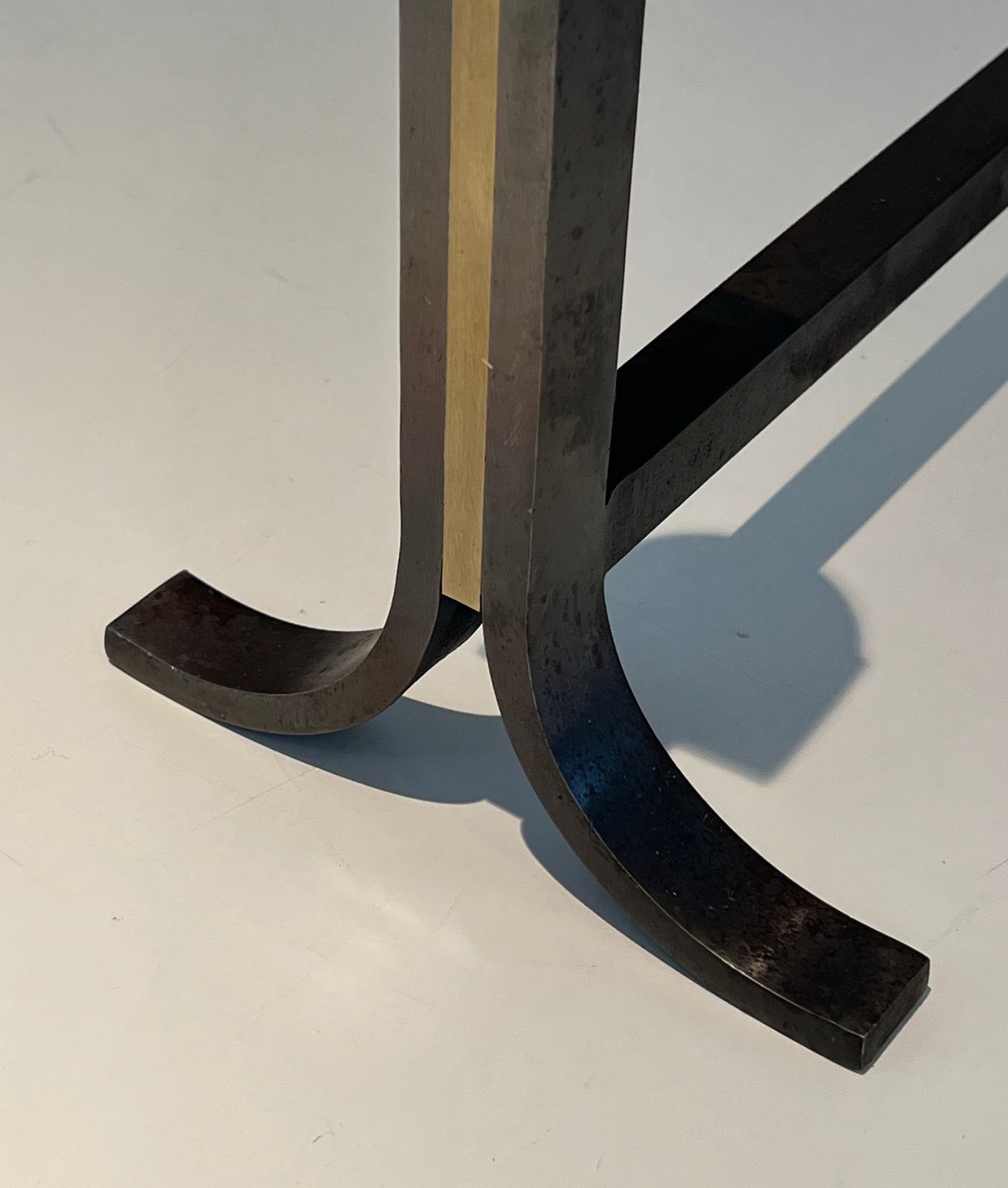 Home Fixtures Pair Of Modernist Andirons In Steel, Brass And Wrought Iron In The Style Of Jacques Adnet photo