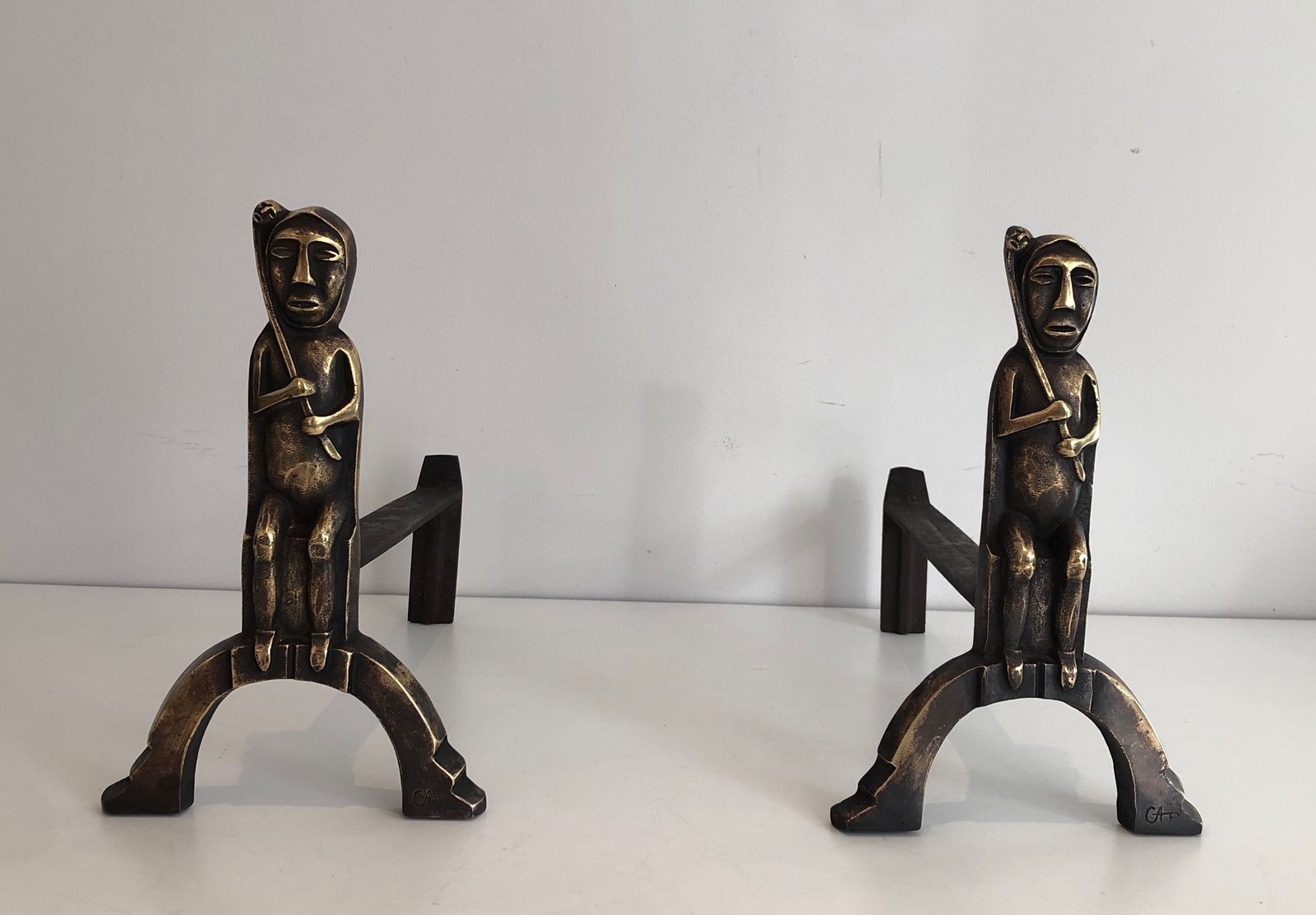 Pair Of Andirons In Bronze With Seated Shamans Monogrammed Anton Prinner