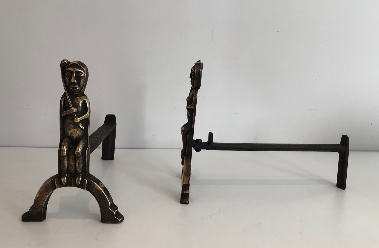 Pair Of Andirons In Bronze With Seated Shamans Monogrammed Anton Prinner photo Home Fixtures