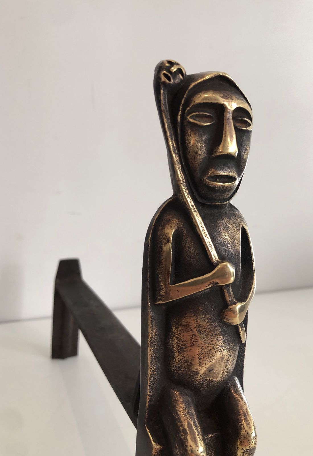 photo for sale Pair Of Andirons In Bronze With Seated Shamans Monogrammed Anton Prinner