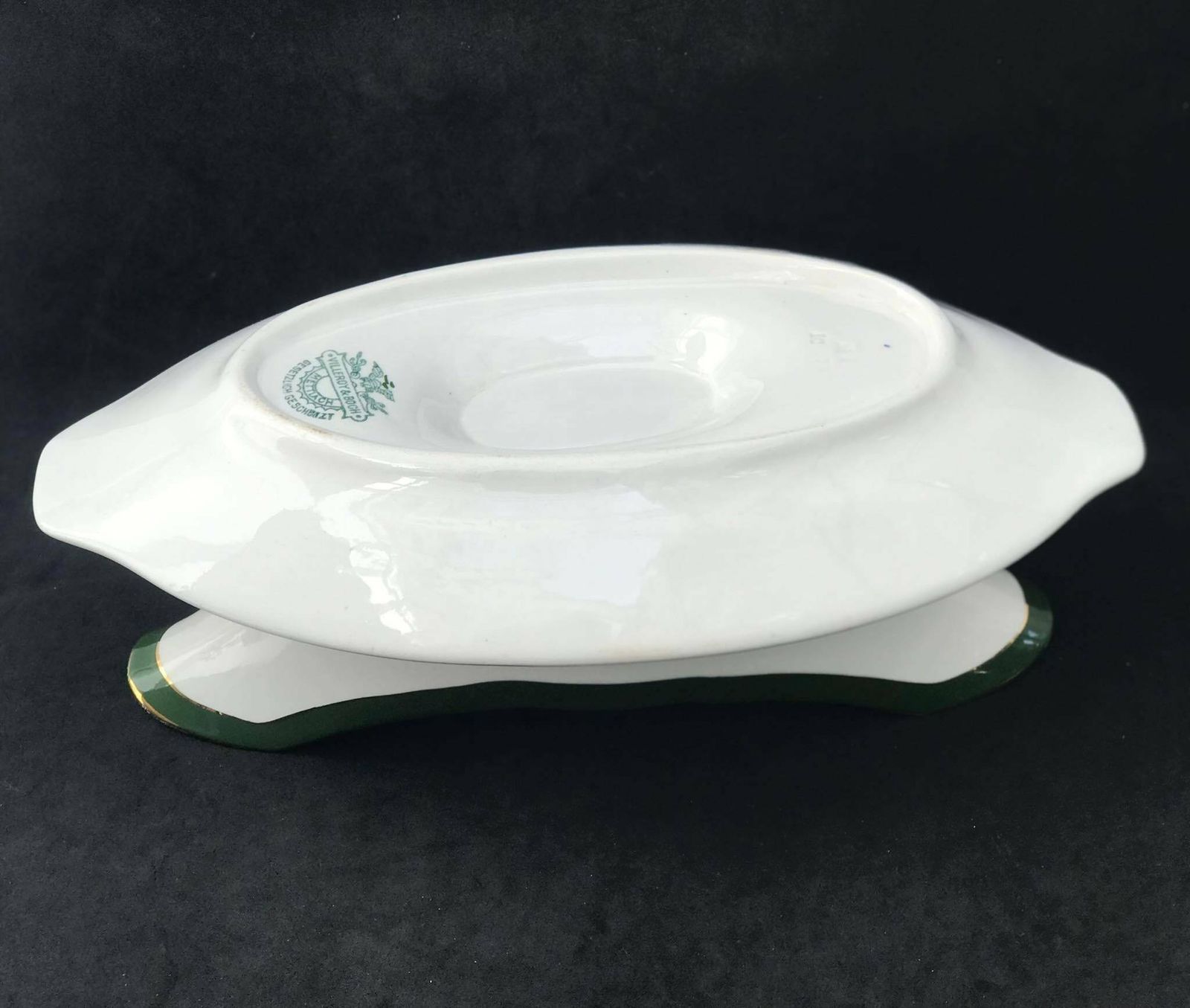 Antique Gravy Boat Sauce Bowl With Under Plate Villeroy And Boch Mettlach Green Golden Rim XIX Century Plates German Porcelain photo 129.0