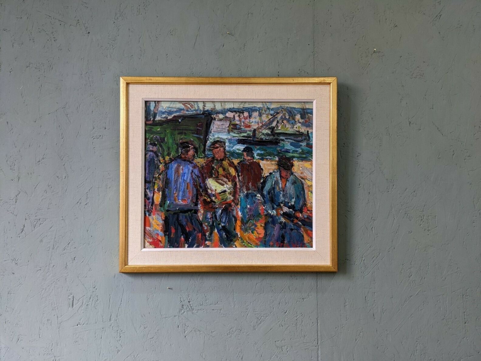 Vintage Mid Century Painting   Coastal Dock, Oil On Board photo furniture
