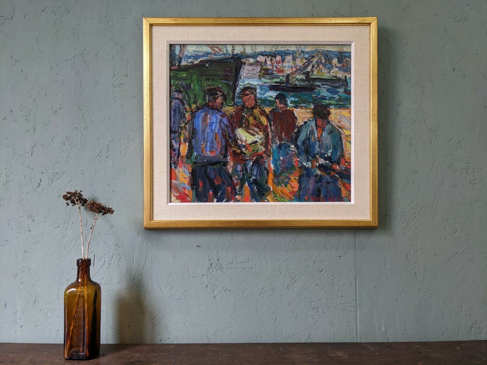457.0 Vintage Mid Century Painting   Coastal Dock, Oil On Board photo
