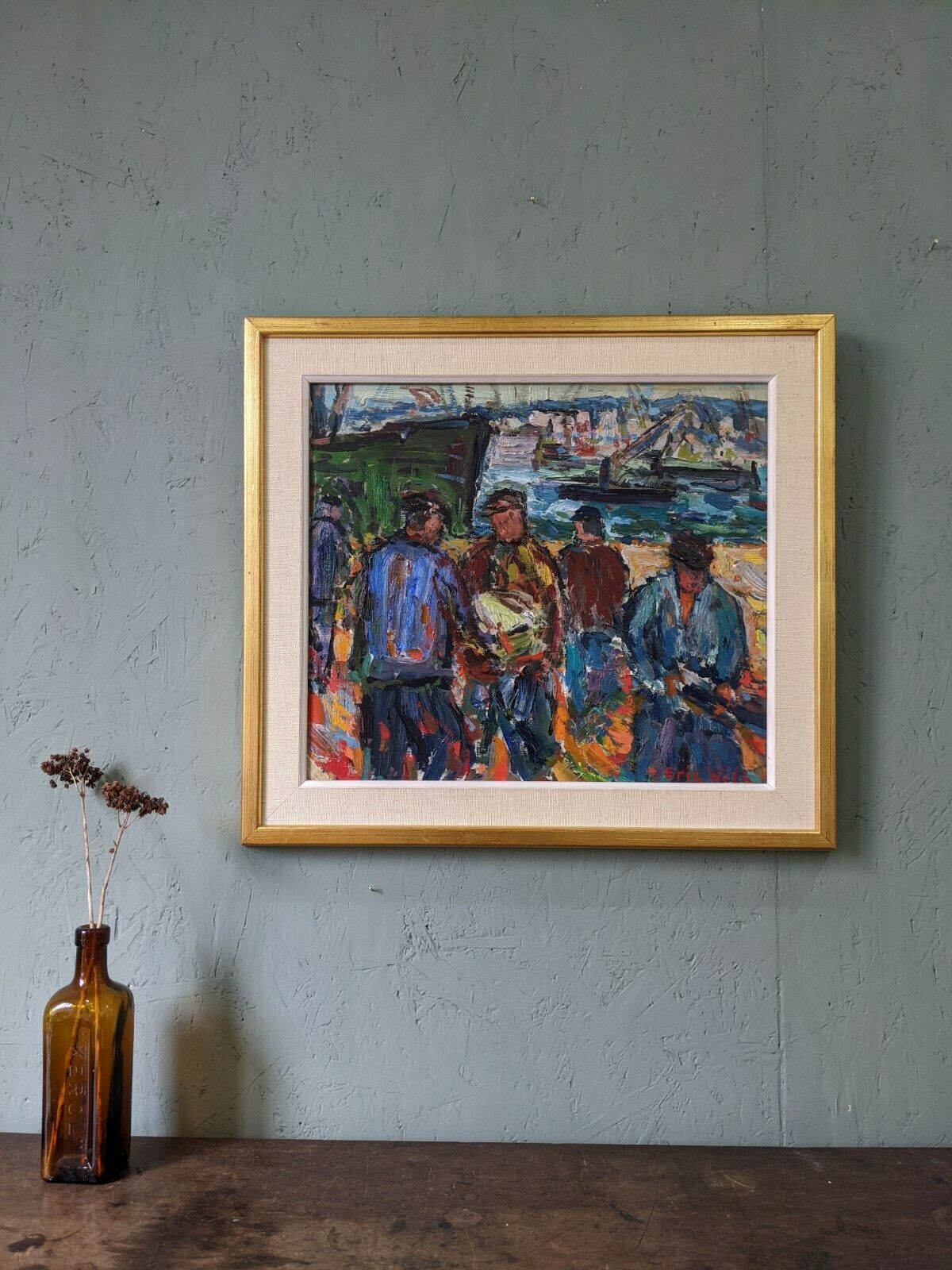 photo vinterior Vintage Mid Century Painting   Coastal Dock, Oil On Board