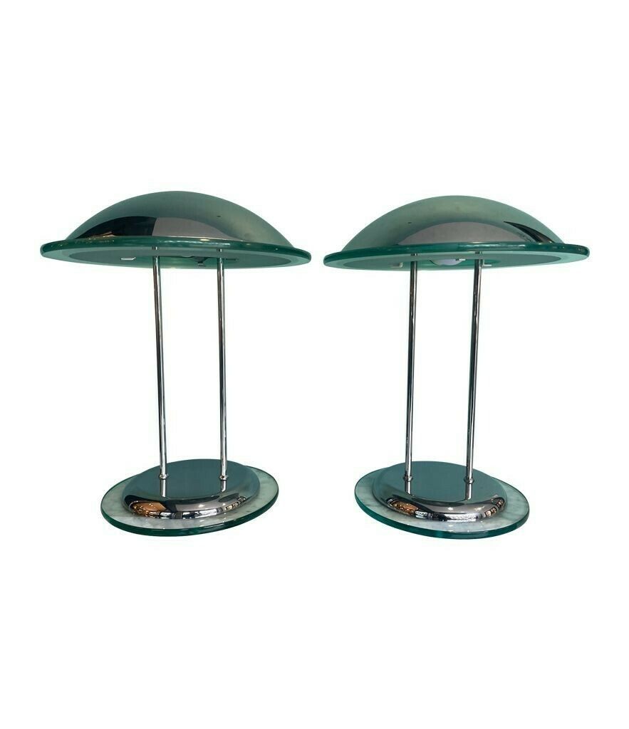 A Pair Of Art Deco Style Chrome And Glass Lamps By Herda