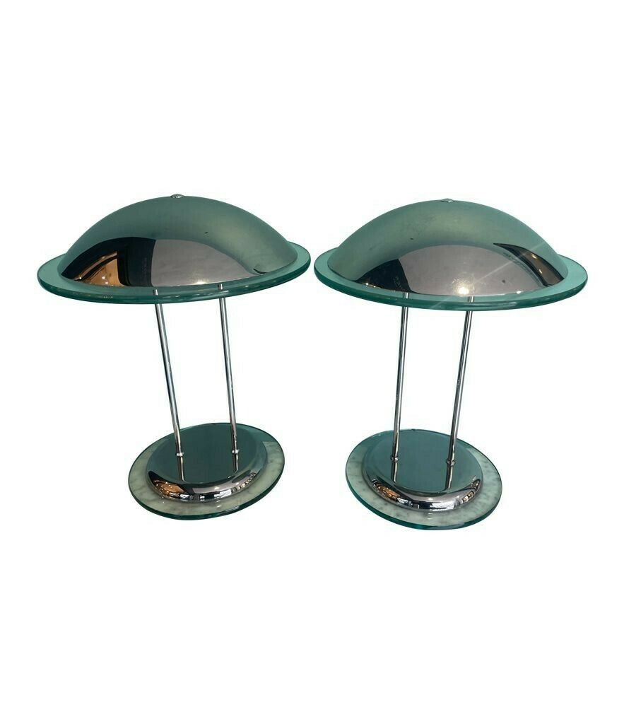 A Pair Of Art Deco Style Chrome And Glass Lamps By Herda photo for sale