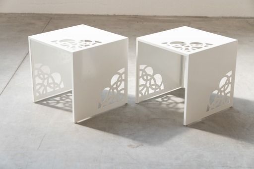 Coffee Tables In White Lacquered Iron, With Circular Laser Cut Engravings, Set Of 2, 2013s