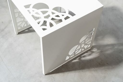 photo for sale Coffee Tables In White Lacquered Iron, With Circular Laser Cut Engravings, Set Of 2, 2013s